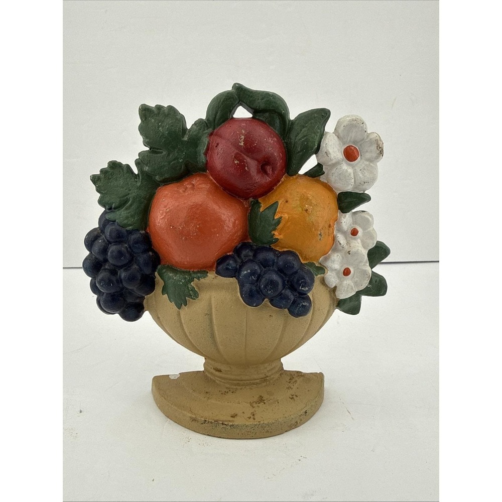 VTG Cast Iron Fruit Basket Doorstop Apple Grapes Flowers Cottage Farmhouse